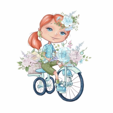卡通女孩骑自行车花篮中的玫瑰花水彩插画png图片素材