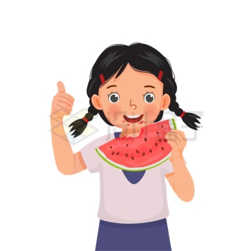 扎着双马尾辫的卡通小女孩正在吃西瓜2850123矢量图片免抠素材