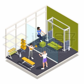 2.5D风格在健身房中锻炼身体的人们6725123矢量图片免抠素材免费下载