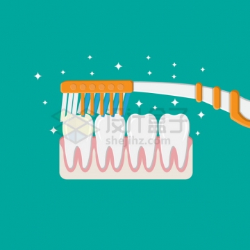 牙刷在牙齿上刷牙牙齿保健扁平插画png图片素材