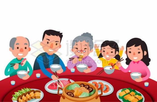 新年春节除夕夜围坐在一起吃团圆饭年夜饭的一家人2727198矢量图片免抠素材免费下载