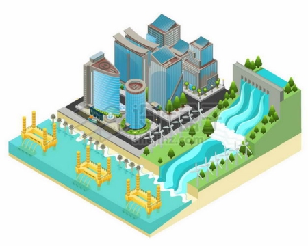 2.5D风格水力发电站潮汐发电和绿色环保城市5125183矢量图片免抠素材