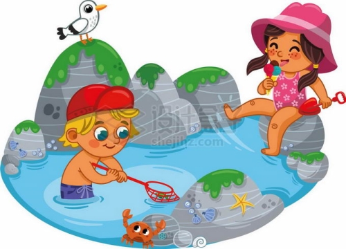 夏天里卡通男孩女孩在海边河边抓小鱼小虾2749532矢量图片免抠素材