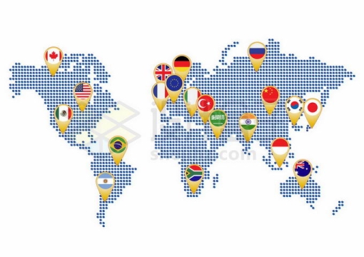 点状世界地图上的G20二十国集团各个国旗的国旗图案3971553矢量图片免抠素材