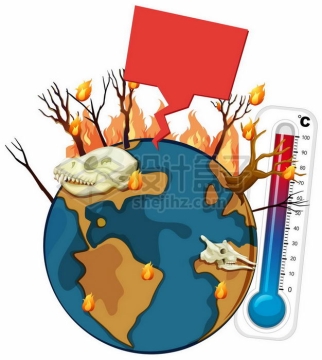 卡通地球上燃烧的森林和高温温度计象征了全球气候变暖7470051矢量图片免抠素材