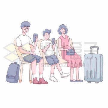 一家三口在机场车站候机大厅休息准备出去旅游手绘插画1158361矢量图片免抠素材免费下载
