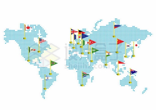 点状世界地图上的G20二十国集团各个国旗的国旗图案4799083矢量图片免抠素材