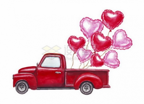 彩绘风格红色皮卡汽车拉着很多心形气球png图片免抠矢量素材