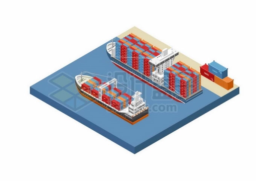 2.5D风格停靠在港口码头的集装箱货轮9336026矢量图片免抠素材