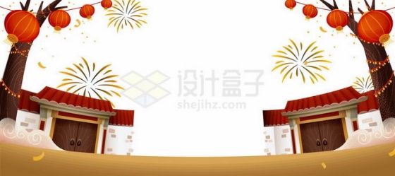 新年春节树上挂着大红灯笼和老家房子大门插画2505331矢量图片免抠素材