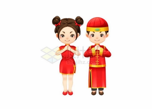 新年春节身穿喜庆红色衣服的中国传统服饰男女拜年1866534矢量图片免抠素材