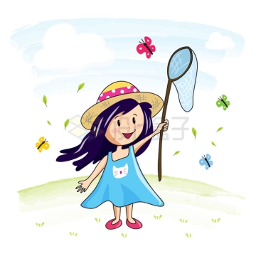 春天里卡通小女孩带着捕虫网在野外装蝴蝶卡通插画5842153矢量图片免抠素材