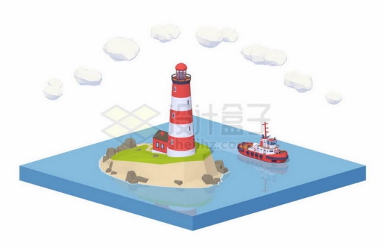 2.5D风格海岛上的灯塔和周围的渔船小船拖船8746008矢量图片免抠素材