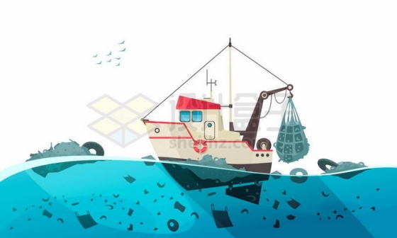 海洋上漂浮着大量的垃圾渔船正在打捞海洋垃圾污染6087112矢量图片免抠素材免费下载