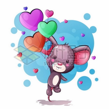 可爱的卡通小老鼠拿着心形气球起飞了png图片素材