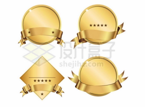 4款金色金属光泽飘带装饰的圆形勋章铭牌文本框信息框6312983矢量图片免抠素材