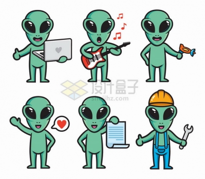 卡通绿色外星人使用笔记本电脑弹吉他等png图片免抠矢量素材