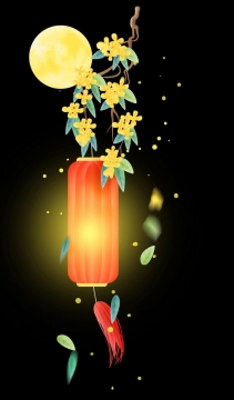 中秋节挂在桂花枝头上的圆筒形红色灯笼图片免抠png素材