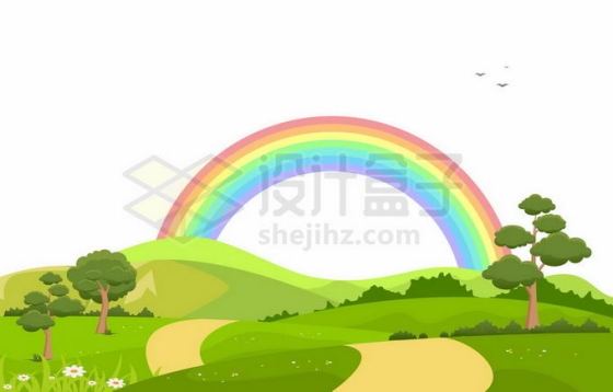 春天夏天碧绿的草原和七彩虹风景图2221506矢量图片免抠素材
