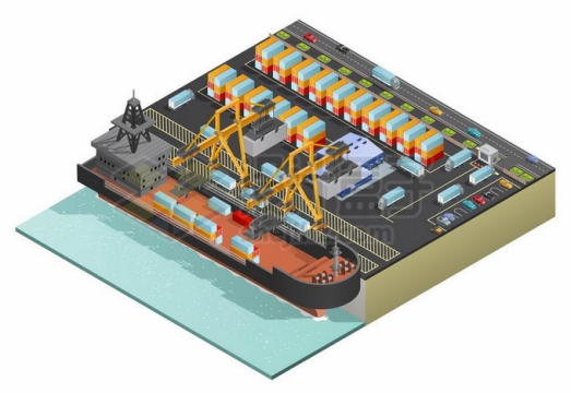 2.5D风格繁忙的洋山港集装箱码头港口货轮和集装箱装卸桥5776242矢量图片免抠素材