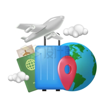 3D立体风格卡通飞机行李箱护照和地球象征了旅行5836867矢量图片免抠素材