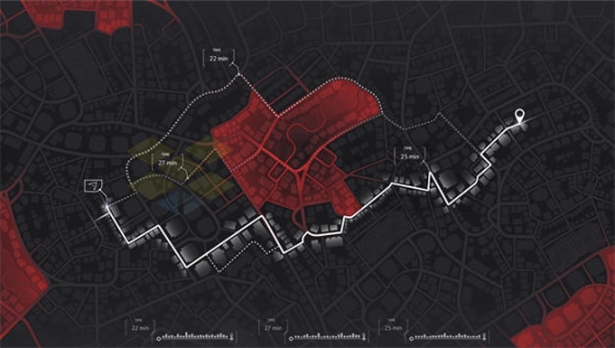 暗黑风格城市地图和红色封锁区域及多条白色导航线路9554447矢量图片免抠素材下载
