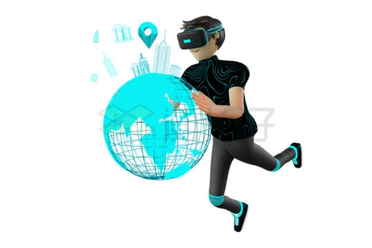 卡通年轻人戴着VR眼镜体验虚拟现实技术地球3D模型2178597PSD免抠图片素材