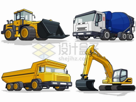 推土机水泥车重型载重卡车挖掘机挖土机等工程机械png图片免抠矢量素材