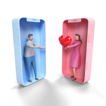 蓝色和粉色3D立体手机模型中的男女情侣送出红心600600png图片素材
