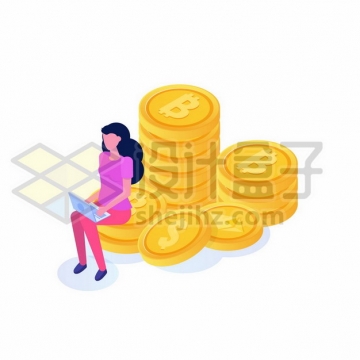 美女坐在金币上扁平插画419362免抠矢量图片素材