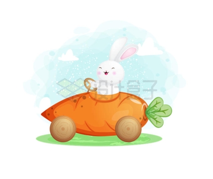 超可爱卡通小白兔驾驶胡萝卜汽车童话故事儿童插画4117577矢量图片免抠素材