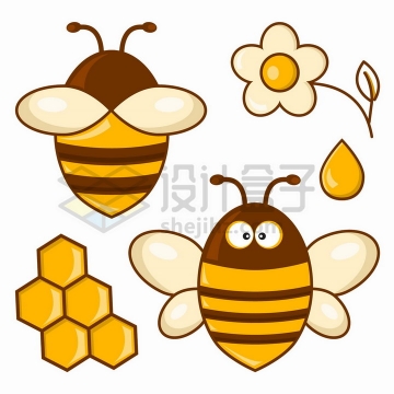 胖胖的卡通小蜜蜂花朵蜂蜜和蜂巢png图片免抠矢量素材