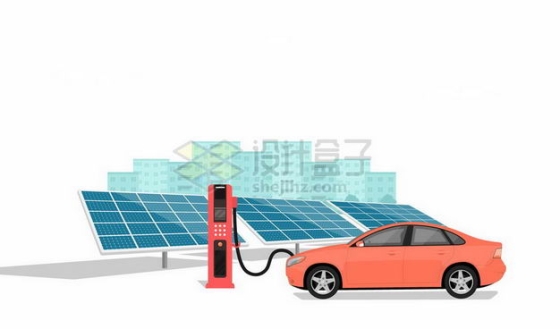 深蓝色的太阳能发电板和使用充电桩充电的新能源电动汽车绿色能源9088303矢量图片免抠素材
