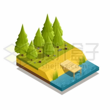 2.5D低多边形风格森林大树和河流2521734矢量图片免抠素材免费下载