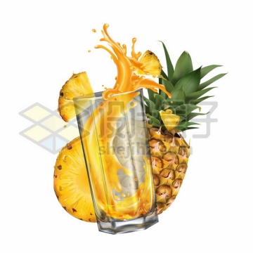 切开的菠萝和玻璃杯中的菠萝汁美味果汁9984859矢量图片免抠素材