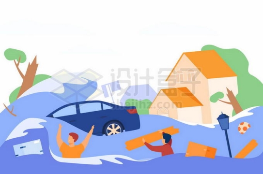 扁平化风格洪水来临被冲走的房子汽车和灾民1627489矢量图片免抠素材免费下载