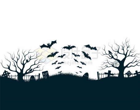 夜晚的坟地墓园中的墓碑枯树和空中的蝙蝠恐怖剪影9208006矢量图片免抠素材