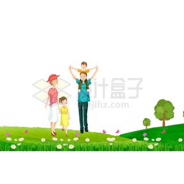 春天草地上郊游散步玩耍的一家四口二胎家庭插画1323178免抠图片素材