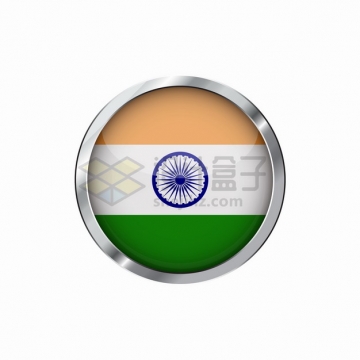 银色金属光泽边框和印度国旗图案圆形水晶按钮png图片素材