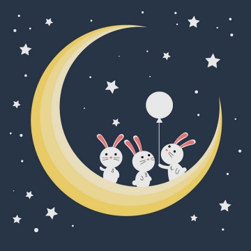 三只卡通小兔子小白兔站在弯弯的黄色月亮上png图片免抠矢量素材