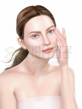 抚摸皮肤的护肤品广告中的西方美女模特3085274矢量图片免抠素材