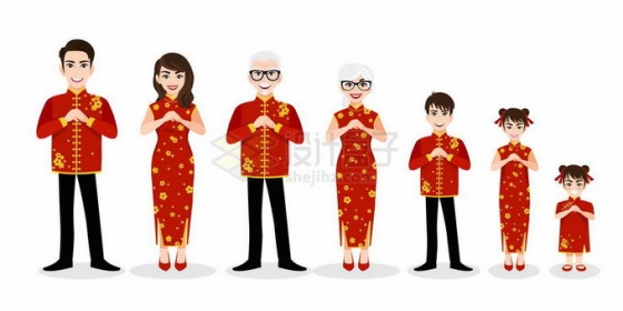 身穿中国传统红色服饰的一家人新年春节拜年8848289矢量图片免抠素材
