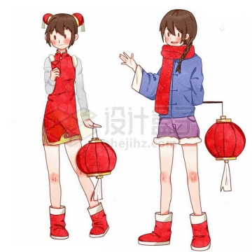 卡通中国小女孩打着红灯笼新年春节免抠图片素材