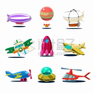 9款卡通风格飞艇热气球飞机火箭飞碟直升机等png图片免抠矢量素材