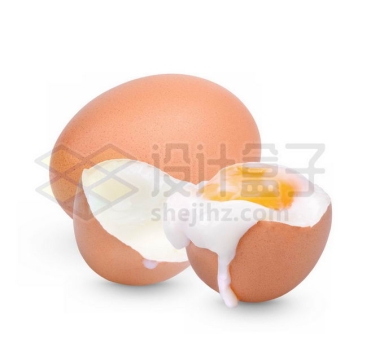 一颗完整的鸡蛋和打碎的一半蛋壳中的流心蛋水煮鸡蛋6693416图片免抠素材