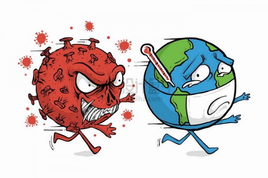 卡通新型冠状病毒病毒追着生病的卡通地球跑png图片免抠矢量素材
