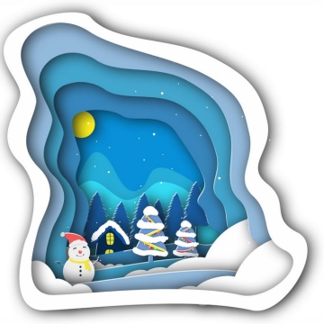 剪纸叠加风格冬天里的雪人森林和房屋雪景5991777免抠图片素材