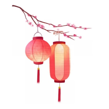 梅花枝头上挂着的两个红色灯笼插画199615免抠图片素材