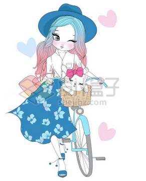 蓝裙子的手绘卡通少女推着自行车png图片素材