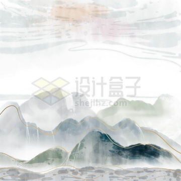 金丝线风格国潮中国风山水画免抠图片素材